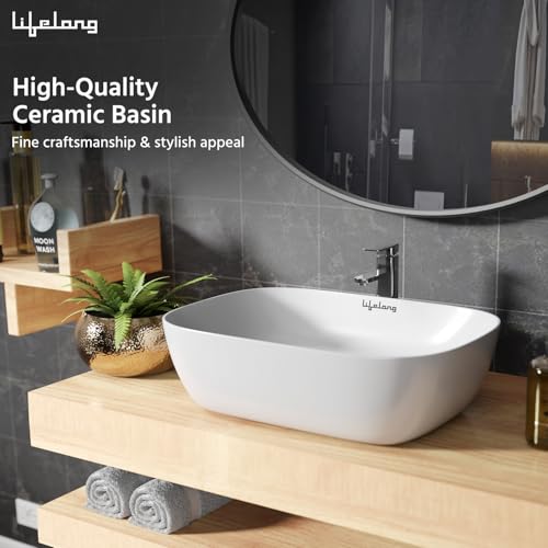 Lifelong Wash Basin for Bathroom - Tabletop Washbasin - Ceramic Glossy Rectangle Countertop Vessel Sink Ideal for Bathroom, Dining Hall & Vanity 33x46x16 cm (White, LLHIPB01) - Image 2