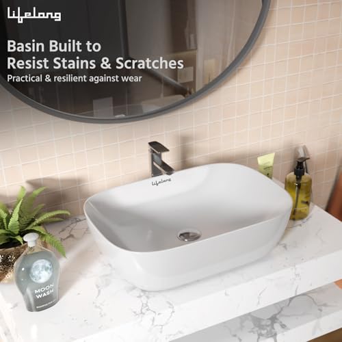 Lifelong Wash Basin for Bathroom - Tabletop Washbasin - Ceramic Glossy Rectangle Countertop Vessel Sink Ideal for Bathroom, Dining Hall & Vanity 33x46x16 cm (White, LLHIPB01) - Image 3