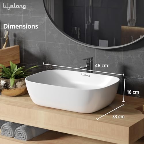Lifelong Wash Basin for Bathroom - Tabletop Washbasin - Ceramic Glossy Rectangle Countertop Vessel Sink Ideal for Bathroom, Dining Hall & Vanity 33x46x16 cm (White, LLHIPB01) - Image 7