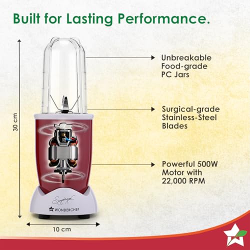 Wonderchef Nutri-blend Activ Mixer Grinder Blender, Smoothie Maker, 500W 22000 RPM 100% Full Copper Motor, 2 Unbreakable Jars, SS Blades, 2 Year Warranty, Recipe book by Chef Sanjeev Kapoor, Red - Image 3