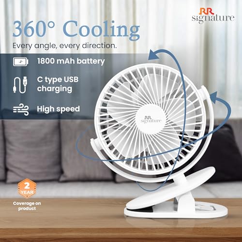 RR Signature Buddy Mini 110mm Portable Clip Fan | 4H Battery | Silent & C type Rechargeable | 360� Rotation | Multi-Clip Function | Portable Cooling | Personal Cooling Fan For Home [PRISTINE WHITE] - Image 4