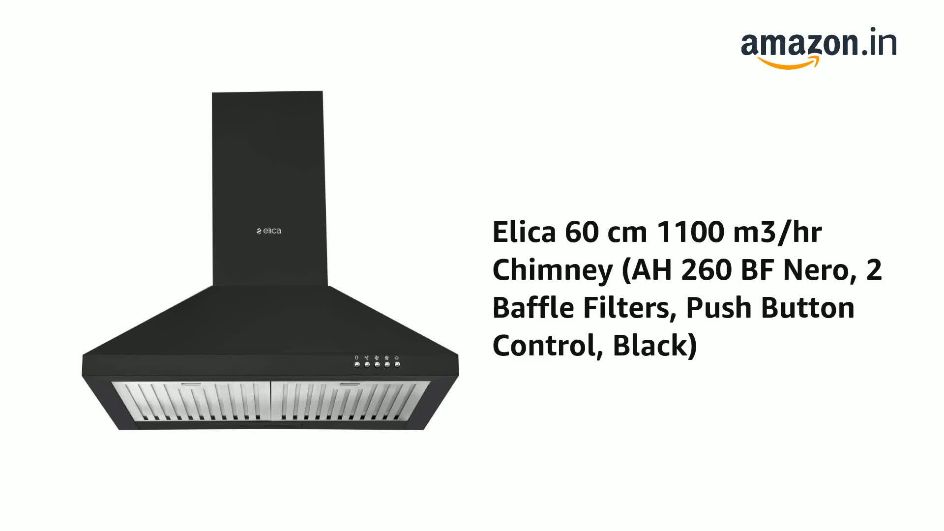Elica 60 cm 1100 m3/hr Kitchen Chimney (AH 260 BF Nero, 2 Baffle Filters, Push Button Control, Black) - Image 2