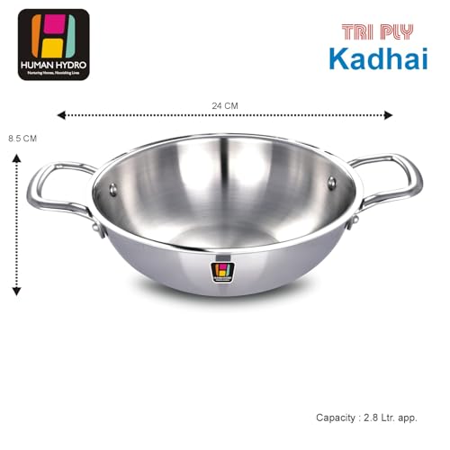 Human Hydro Triply Stainless Steel Kadai (24CM/2.8L) with Lid | 3-Layer Steel–Aluminium–Steel | Induction & Gas Compatible | Easy to Clean | Heavy-Duty for Frying & Curries - Image 3