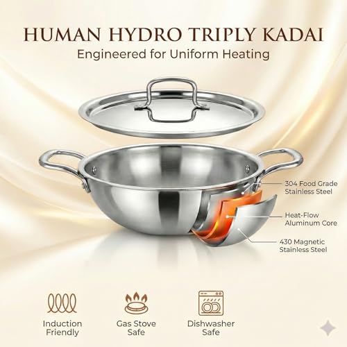 Human Hydro Triply Stainless Steel Kadai (24CM/2.8L) with Lid | 3-Layer Steel–Aluminium–Steel | Induction & Gas Compatible | Easy to Clean | Heavy-Duty for Frying & Curries - Image 4