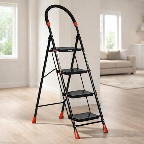 FLIPZON Halo Foldable 4 Step Ladder for Home and Office Use | Alloy Steel | Wide Steps | Wobble-Free | Skid-Free Steps | Durable Safety Ladder | Rust Free | Anti-Skid (Black)