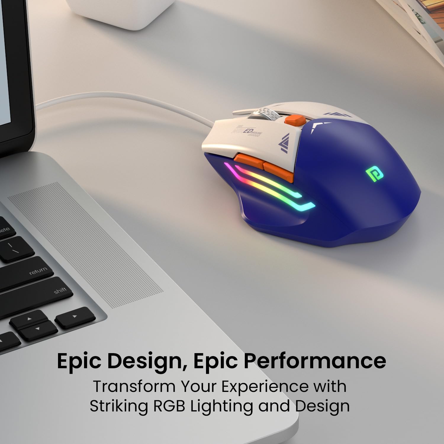 Portronics Vader Wired Gaming Mouse with 6 Buttons, Thumb Support, Adjustable DPI (6400 Max), RGB Light Effects, Ergonomic Design, 1.5 m Long USB Cable for Laptop & PC (Blue) - Image 2