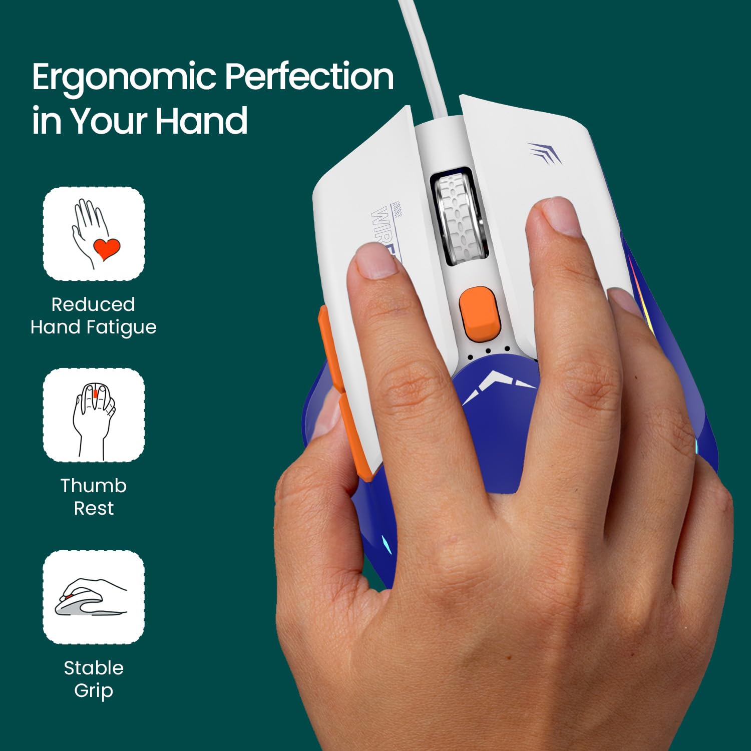 Portronics Vader Wired Gaming Mouse with 6 Buttons, Thumb Support, Adjustable DPI (6400 Max), RGB Light Effects, Ergonomic Design, 1.5 m Long USB Cable for Laptop & PC (Blue) - Image 6