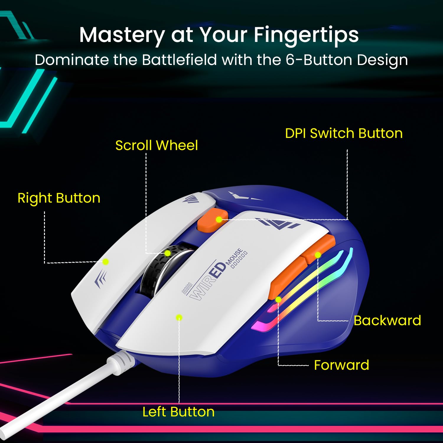 Portronics Vader Wired Gaming Mouse with 6 Buttons, Thumb Support, Adjustable DPI (6400 Max), RGB Light Effects, Ergonomic Design, 1.5 m Long USB Cable for Laptop & PC (Blue) - Image 7